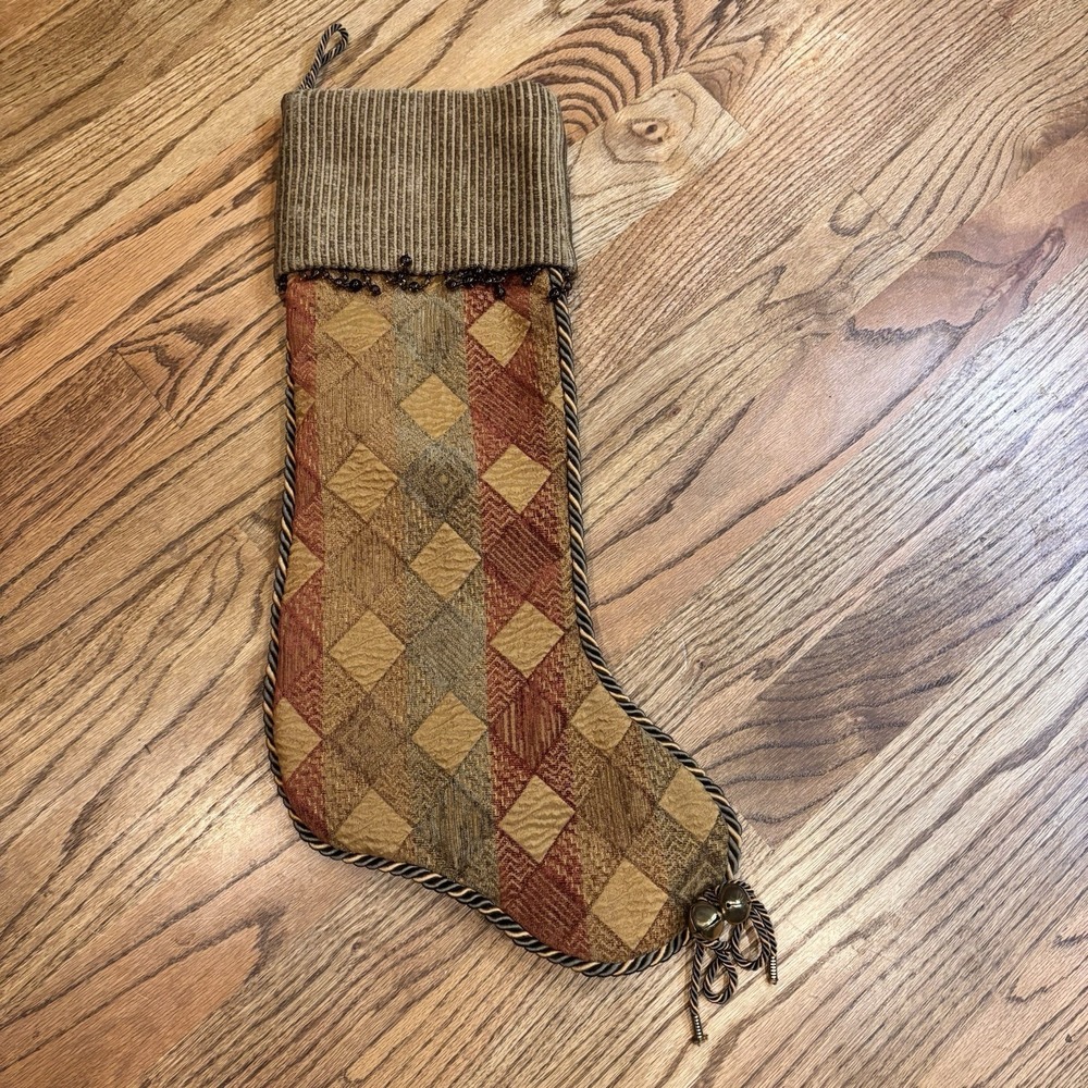 Villa Bacci Christmas Stocking 24" Brown Gold Velvet Quilted Diamond Beaded